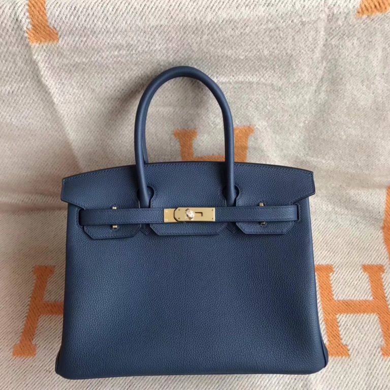 On Hermes 7K Dark Blue Togo Calfskin Birkin Bag 30cm Gold Hardware