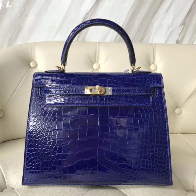 Hermes 7T Blue Eletric Shiny Crocodile Leather Kelly 25CM Bag Gold Hardware