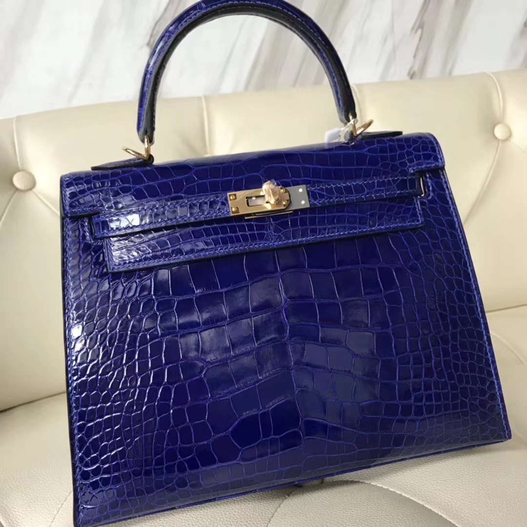 Luxury Hermes 7T Blue Eletric Shiny Crocodile Leather Kelly25CM Bag Gold Hardware