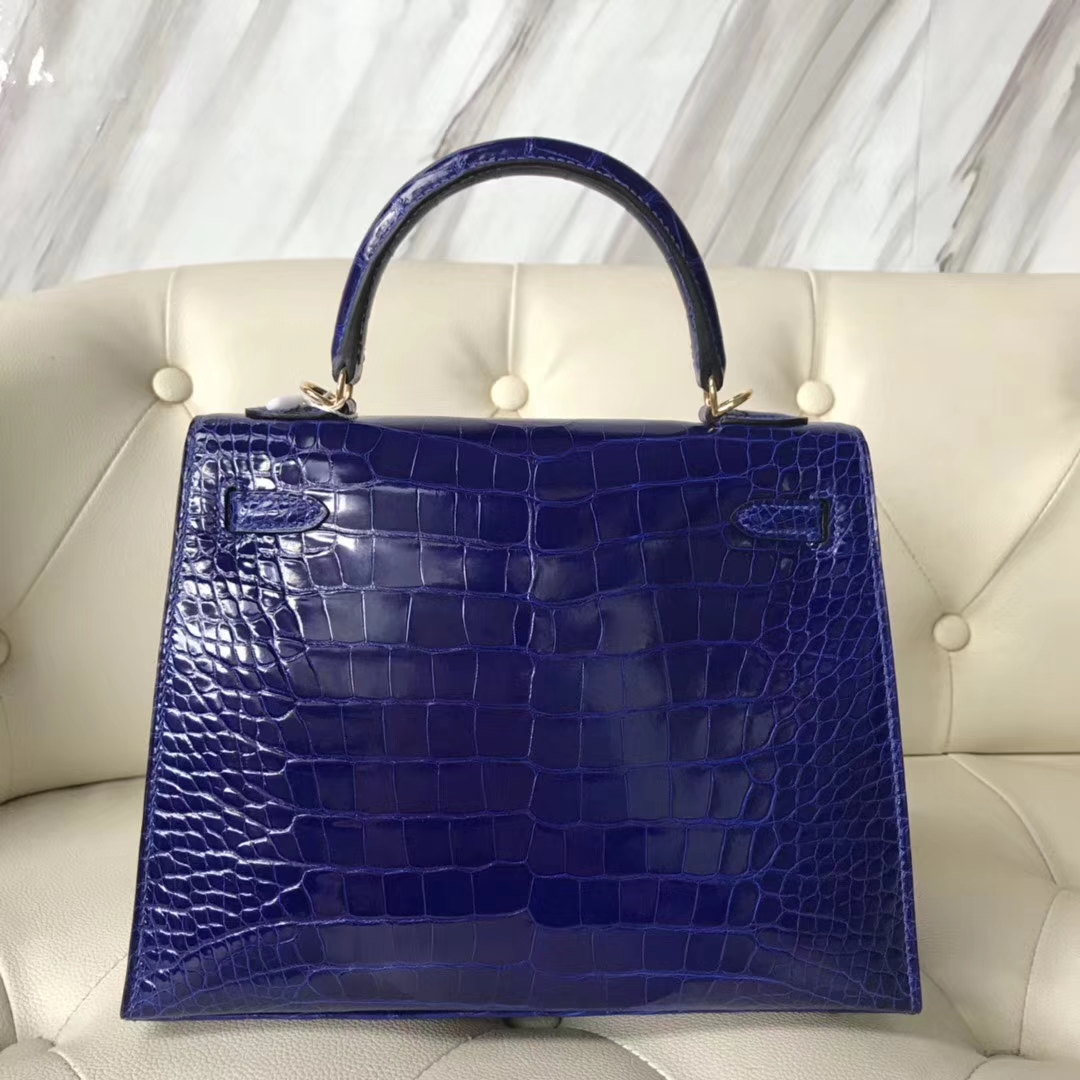 Luxury Hermes 7T Blue Eletric Shiny Crocodile Leather Kelly25CM Bag Gold Hardware