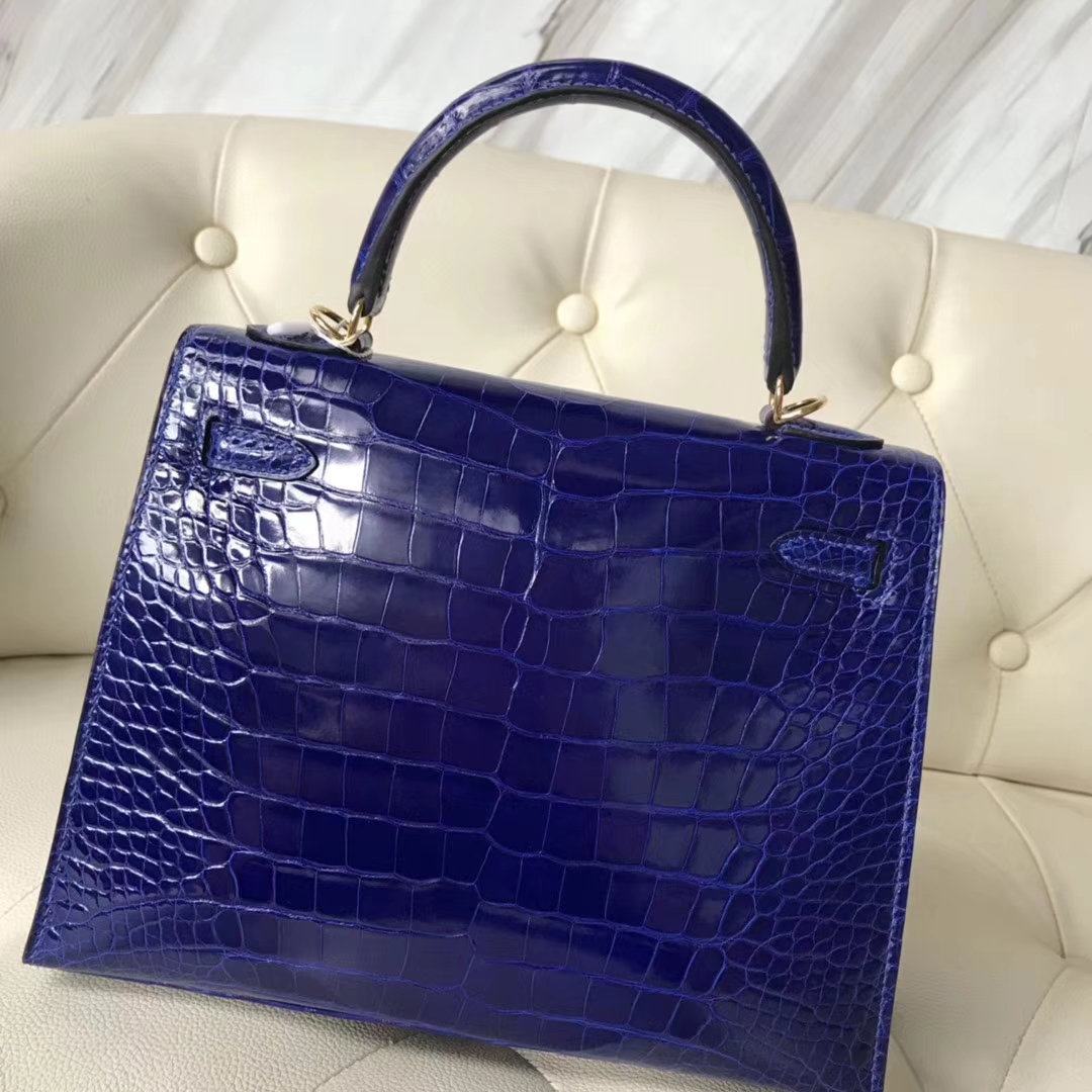 Luxury Hermes 7T Blue Eletric Shiny Crocodile Leather Kelly25CM Bag Gold Hardware