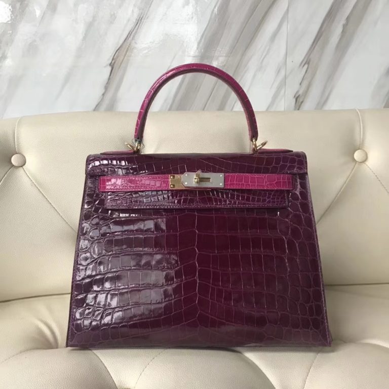 Hermes N5 Cassis Purple/J5 Rose Scheherazade Crocodile Leather Kelly 25CM Bag
