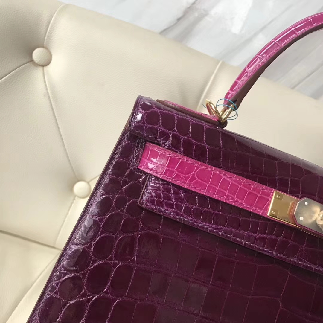 Luxury Hermes N5 Cassis Purple/J5 Rose Scheherazade Crocodile Leather Kelly25CM Bag