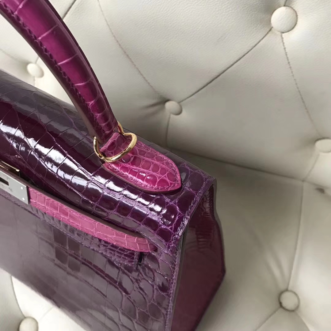 Luxury Hermes N5 Cassis Purple/J5 Rose Scheherazade Crocodile Leather Kelly25CM Bag