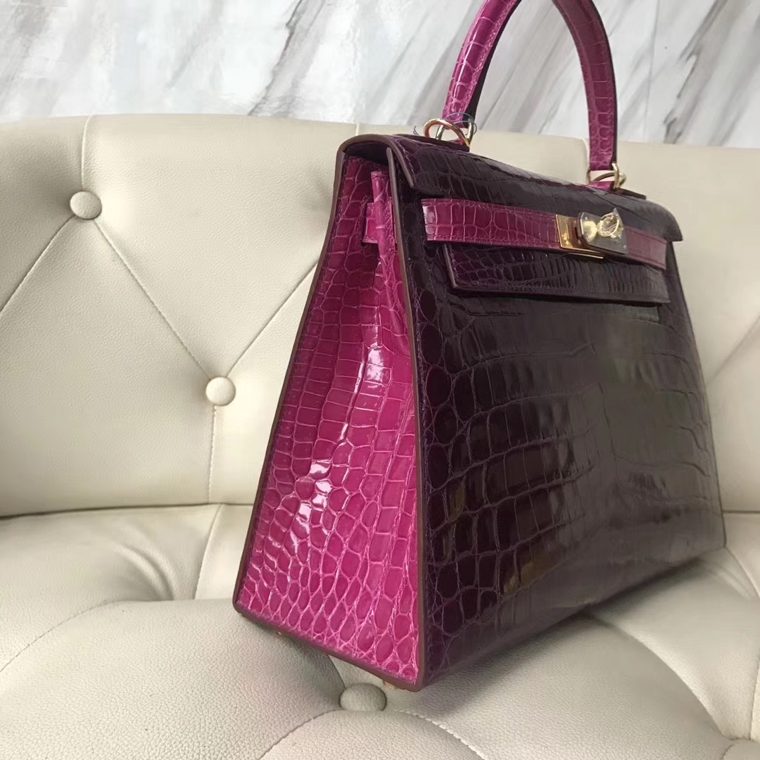 Luxury Hermes N5 Cassis Purple/J5 Rose Scheherazade Crocodile Leather Kelly25CM Bag