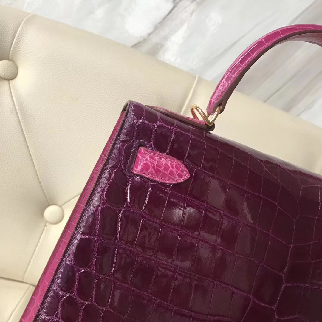 Luxury Hermes N5 Cassis Purple/J5 Rose Scheherazade Crocodile Leather Kelly25CM Bag