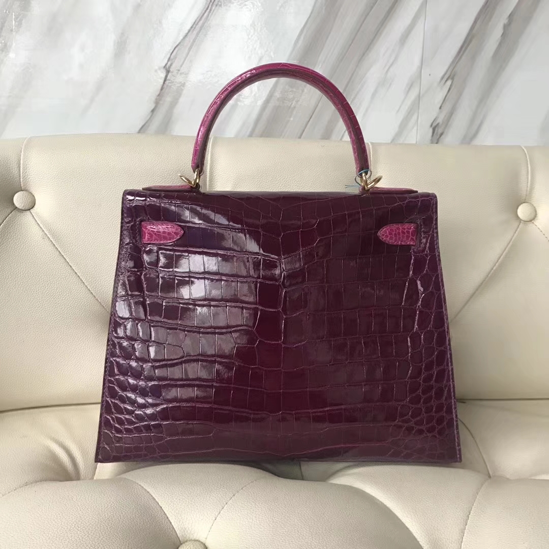 Luxury Hermes N5 Cassis Purple/J5 Rose Scheherazade Crocodile Leather Kelly25CM Bag