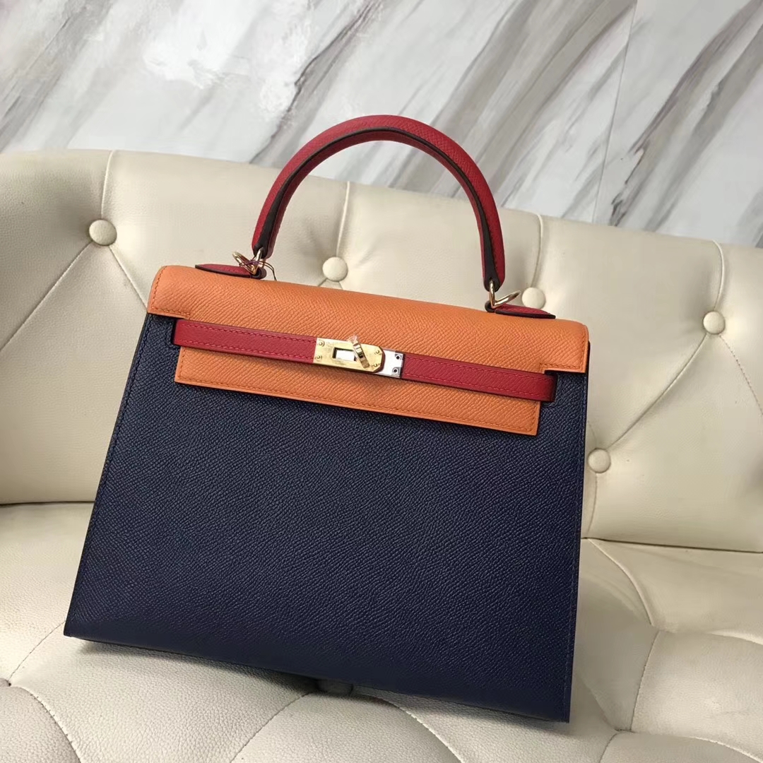 Fashion Hermes Tri-color Epsom Calf Sellier Kelly25CM Bag Gold Hardware