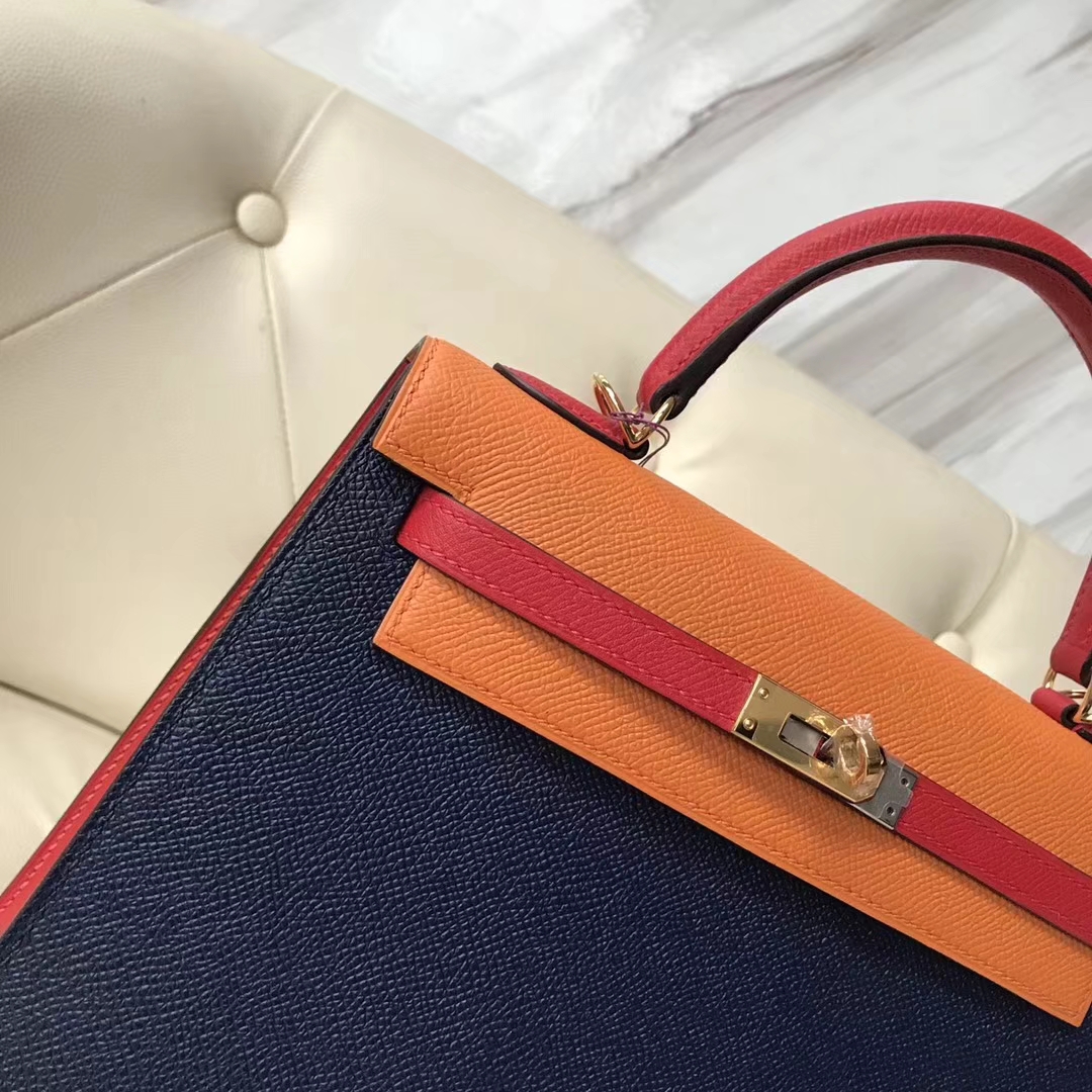 Fashion Hermes Tri-color Epsom Calf Sellier Kelly25CM Bag Gold Hardware