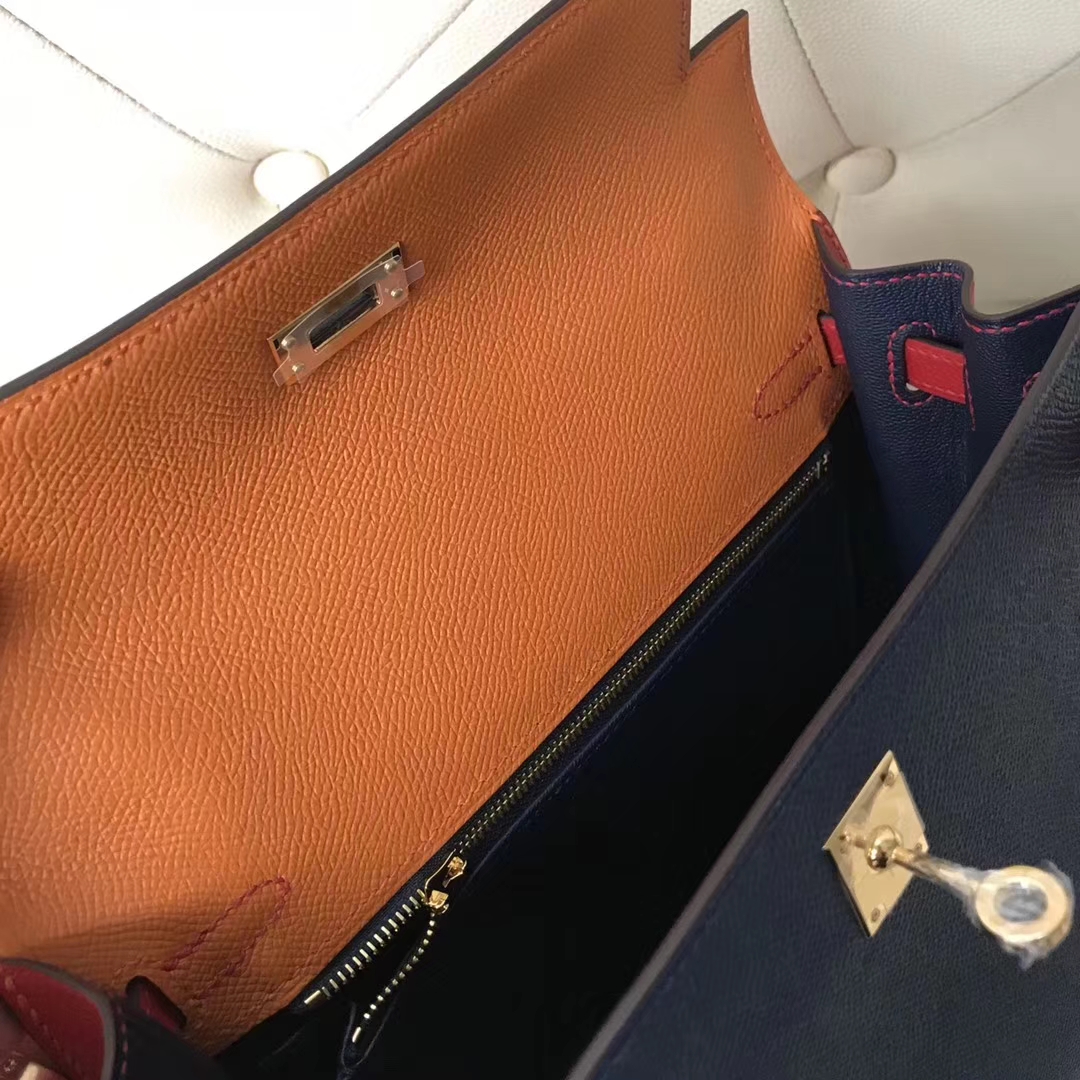 Fashion Hermes Tri-color Epsom Calf Sellier Kelly25CM Bag Gold Hardware