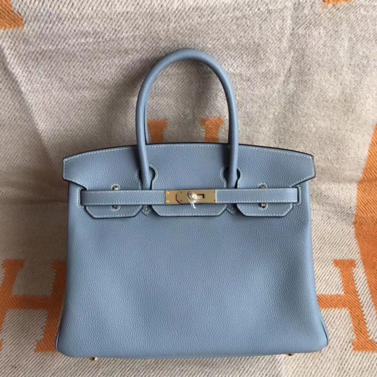 Hand Stitching Hermes Togo Calfskin Birkin Bag 30cm in J7 Blue Lin