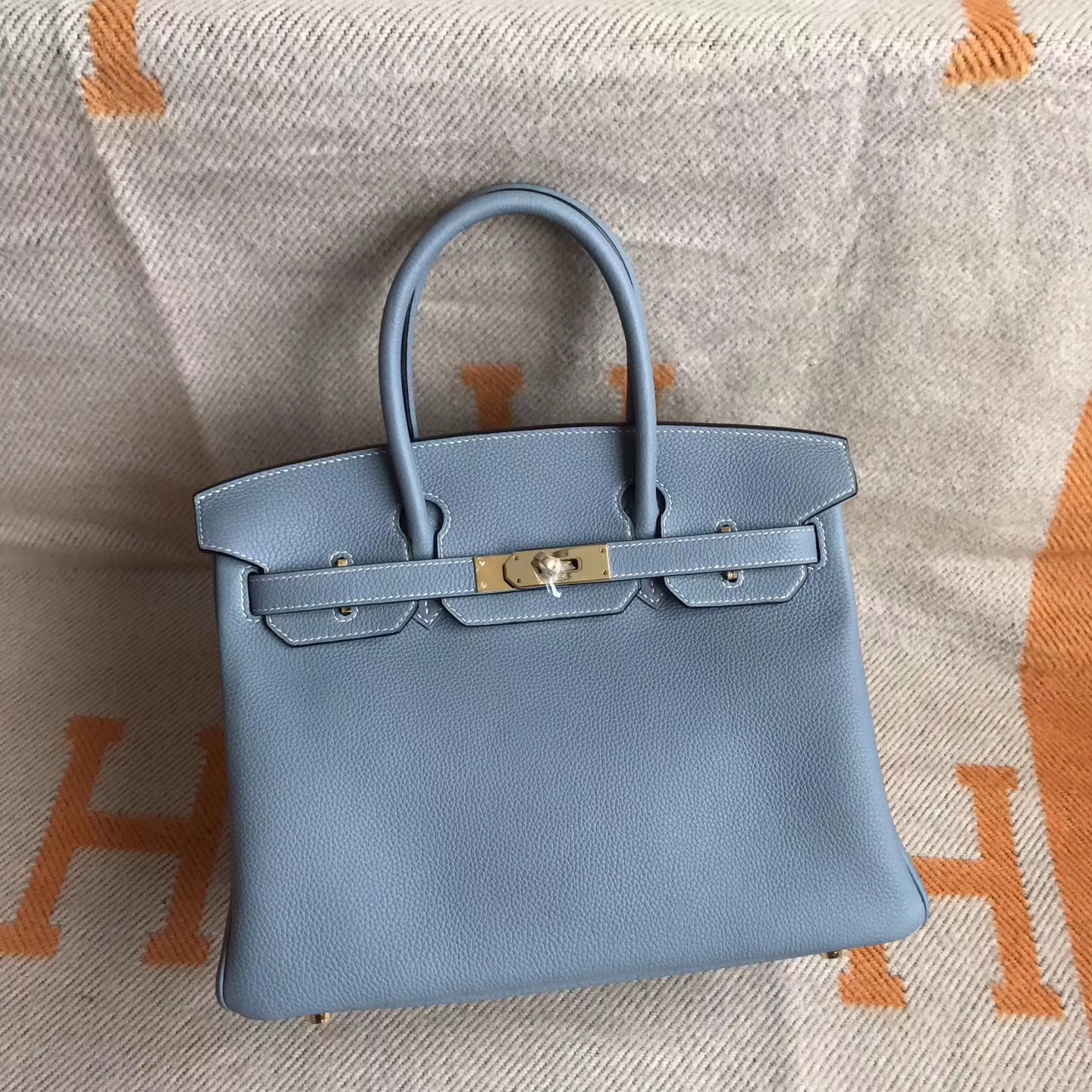 Hand Stitching Hermes Togo Calfskin Birkin Bag30cm in J7 Blue Lin