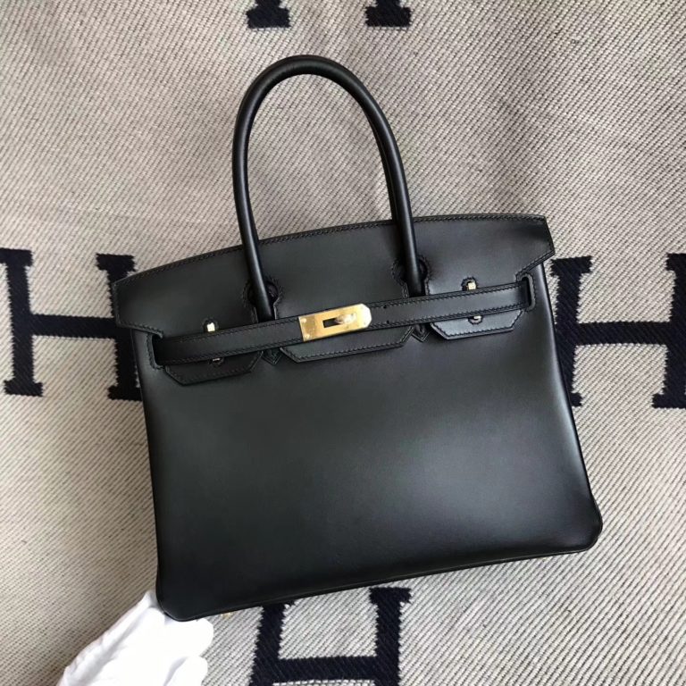 Hermes Box Calfskin Birkin 30cm Bag in CK89 Black Gold Hardware