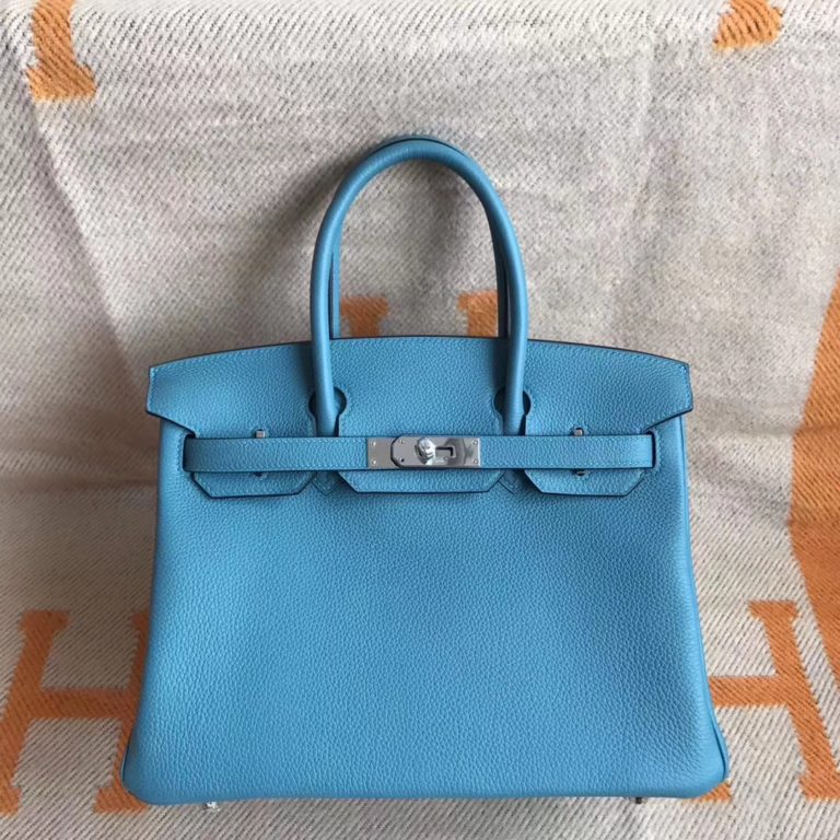 Hermes 7K Turquoise Blue Togo Calfskin Birkin 30cm Tote Bag