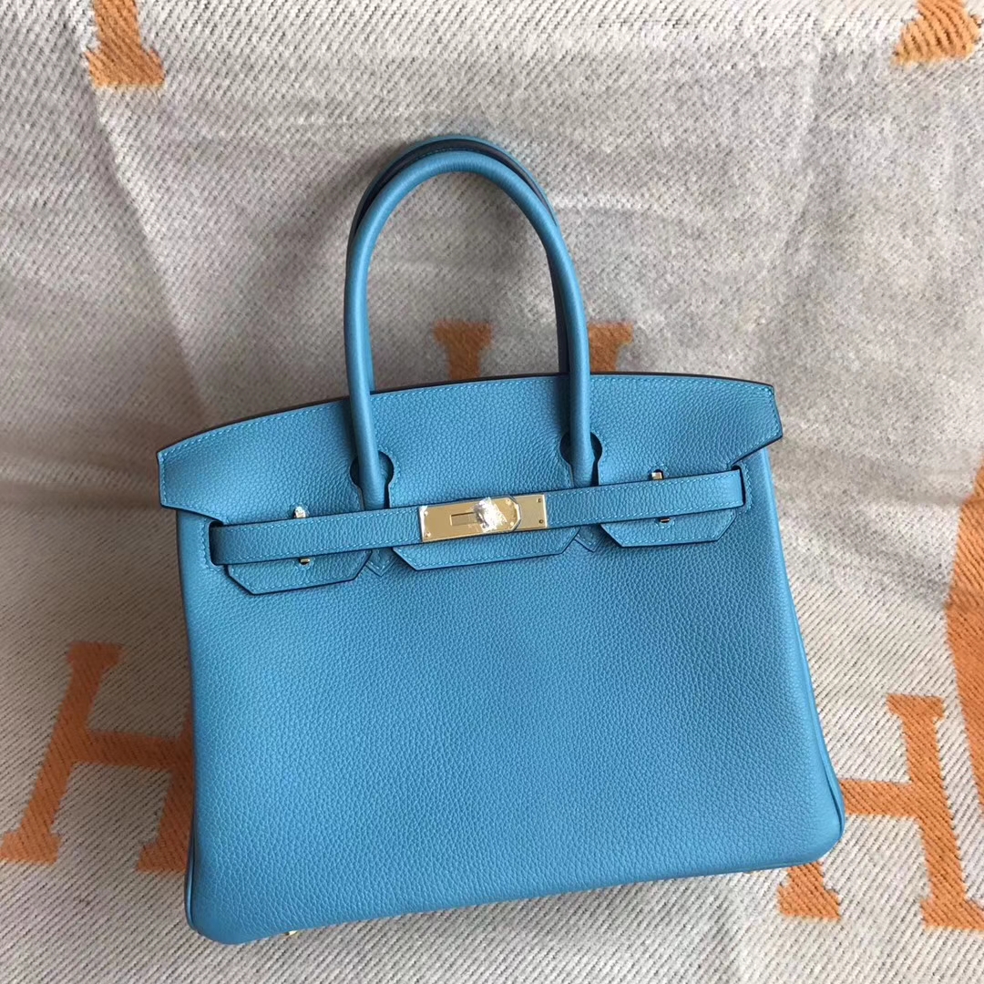 Noble Hermes 7K Turquoise Blue Togo Calfskin Birkin30cm Tote Bag