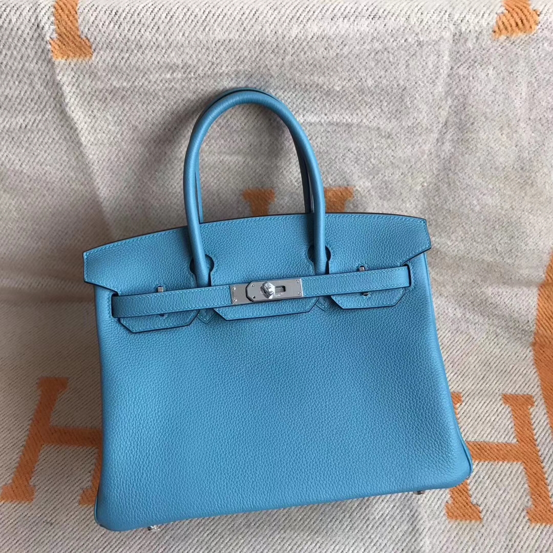 Noble Hermes 7K Turquoise Blue Togo Calfskin Birkin30cm Tote Bag