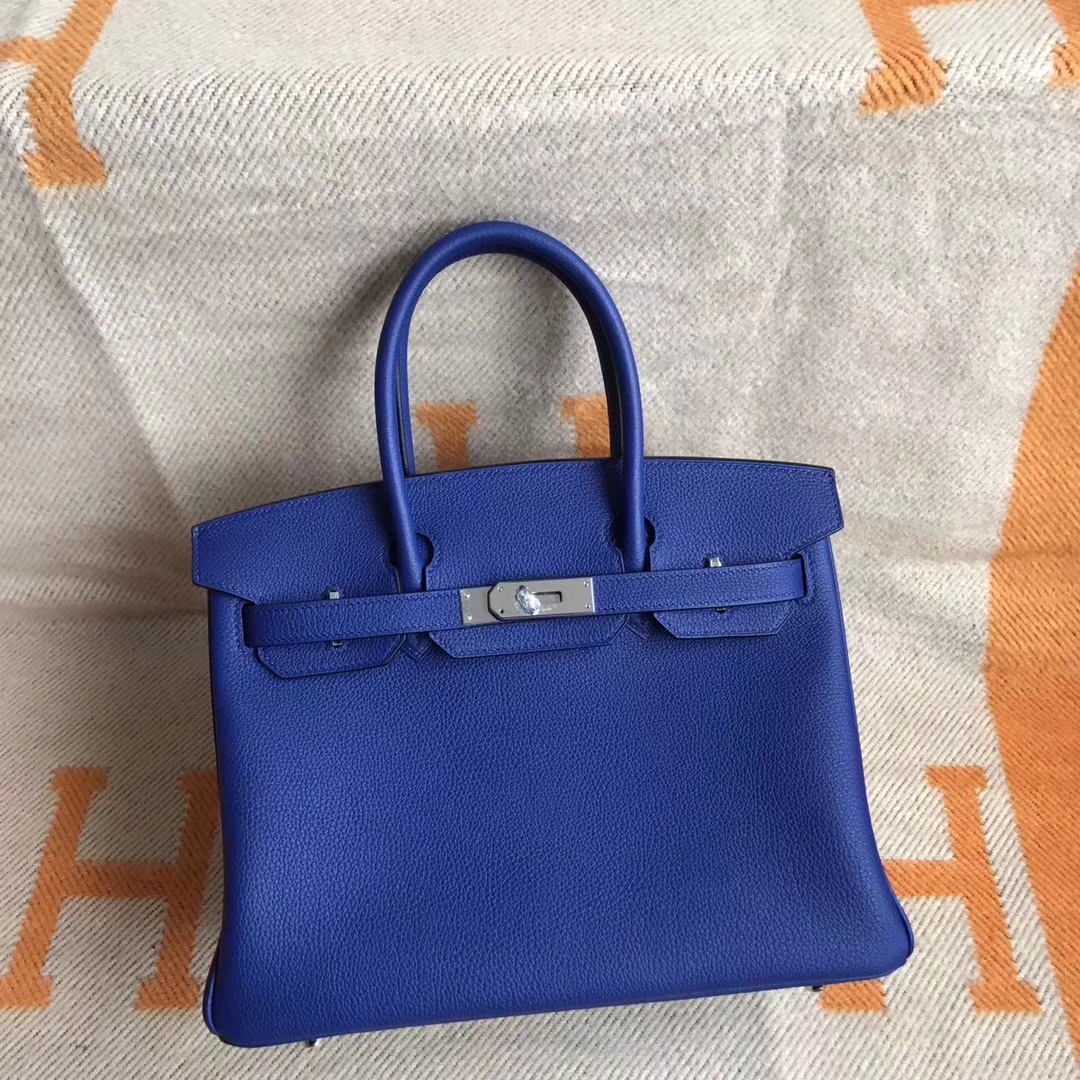 On Sale Hermes 7T Blue Electric Togo Calfskin Birkin Bag30cm Silver Hardware