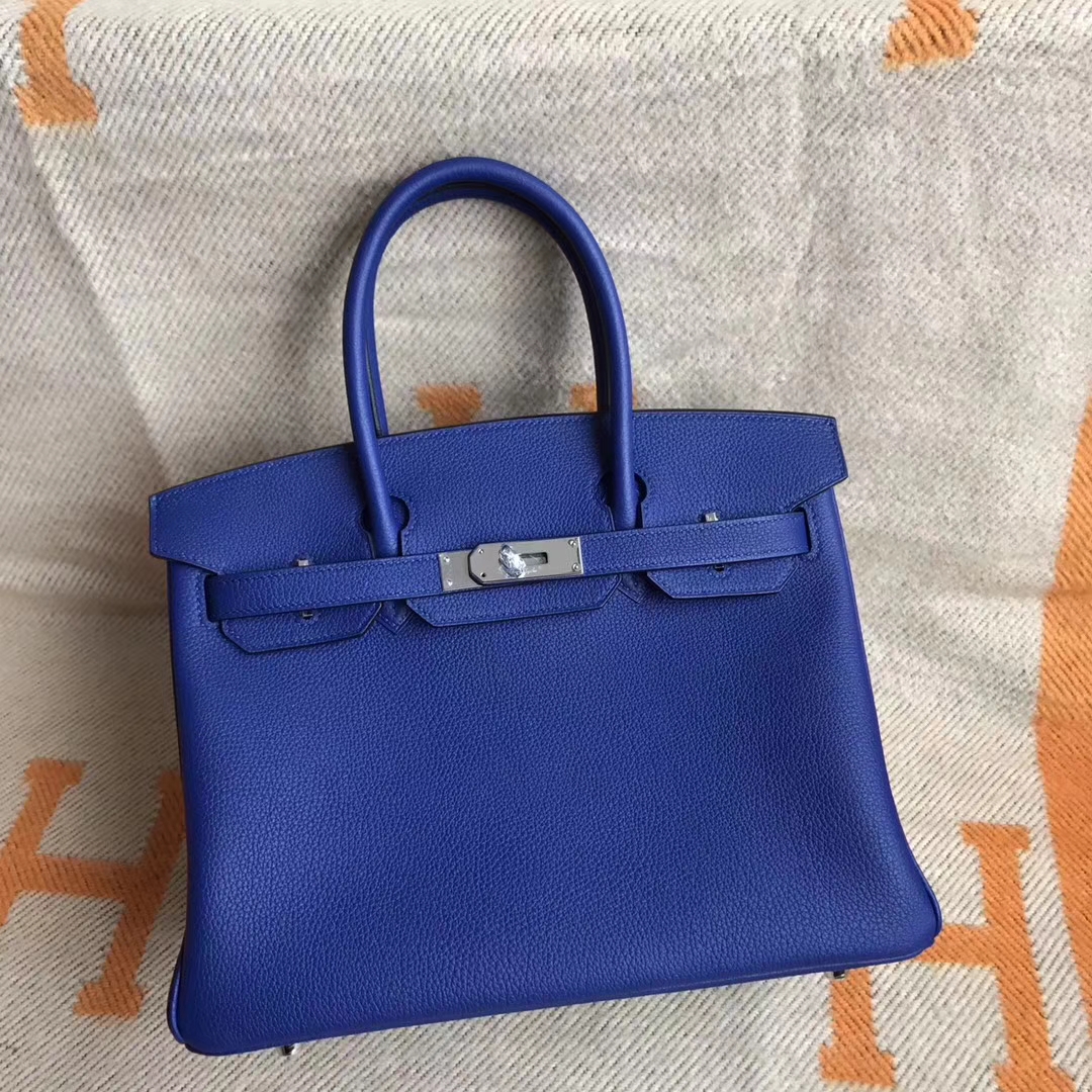 On Sale Hermes 7T Blue Electric Togo Calfskin Birkin Bag30cm Silver Hardware