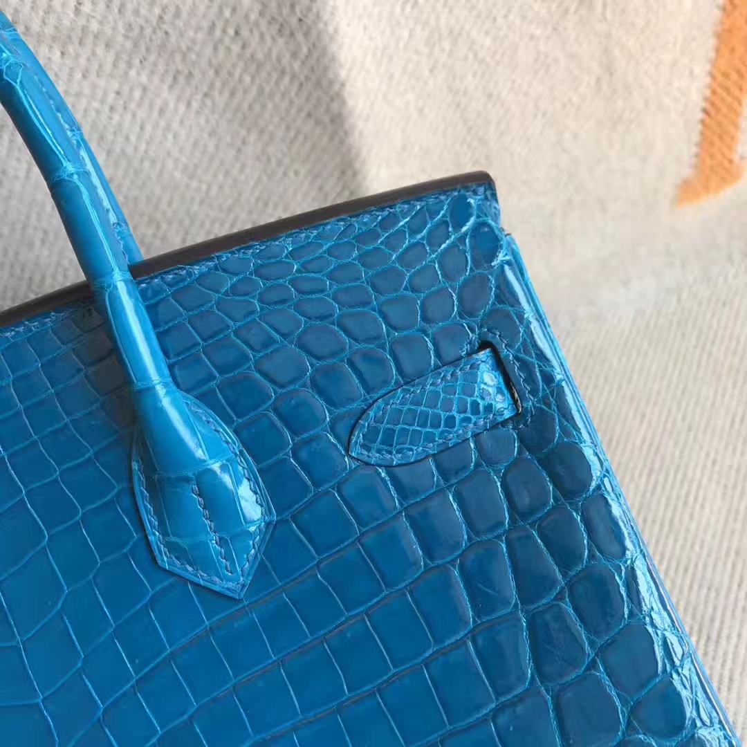 High Quality Hermes 7W Blue Izmir Crocodile Shiny Leather Birkin Bag30cm