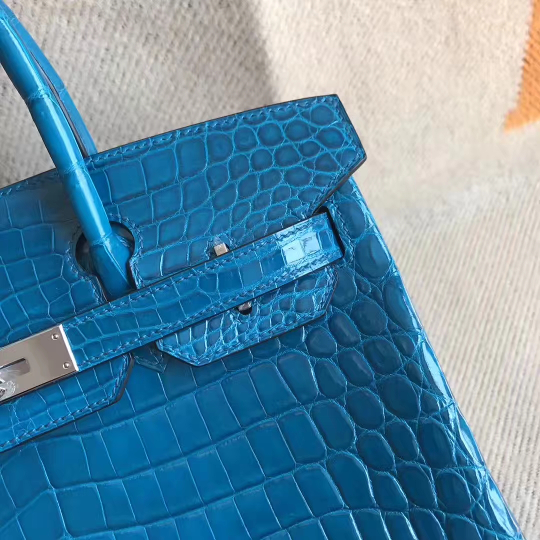 High Quality Hermes 7W Blue Izmir Crocodile Shiny Leather Birkin Bag30cm