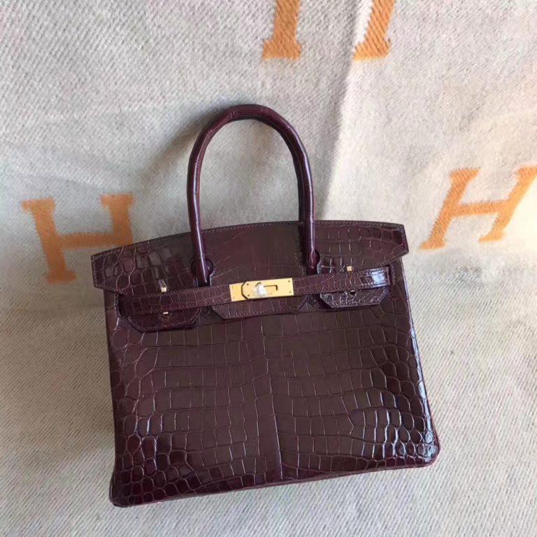 Hermes Birkin 30CM Handbag in CK57 Bordeaux Red Crocodile Shiny Leather