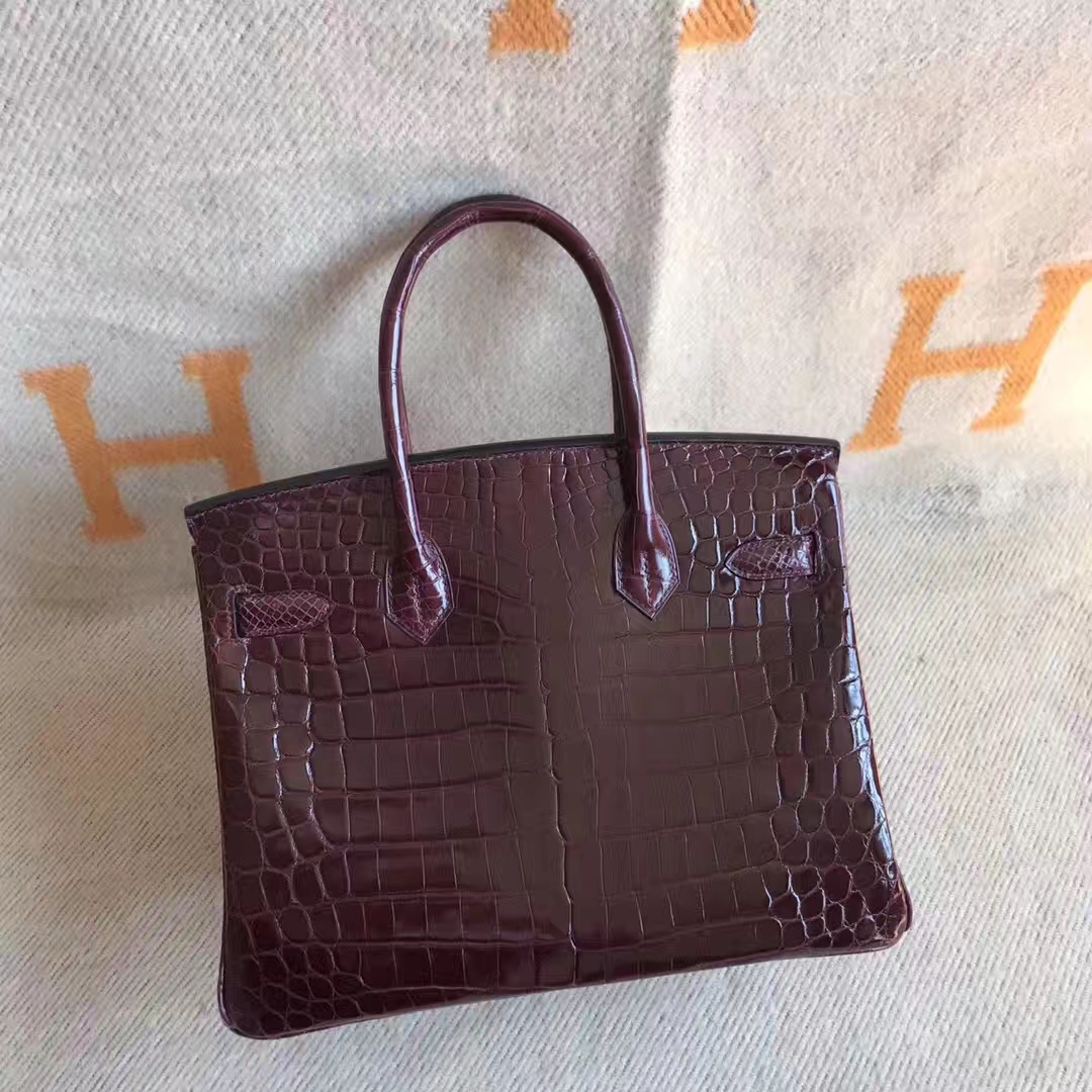 Fashion Hermes Birkin30CM Handbag in CK57 Bordeaux Red Crocodile Shiny Leather