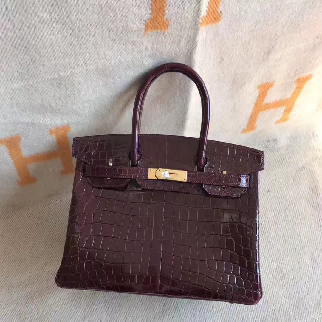 Fashion Hermes Birkin30CM Handbag in CK57 Bordeaux Red Crocodile Shiny Leather