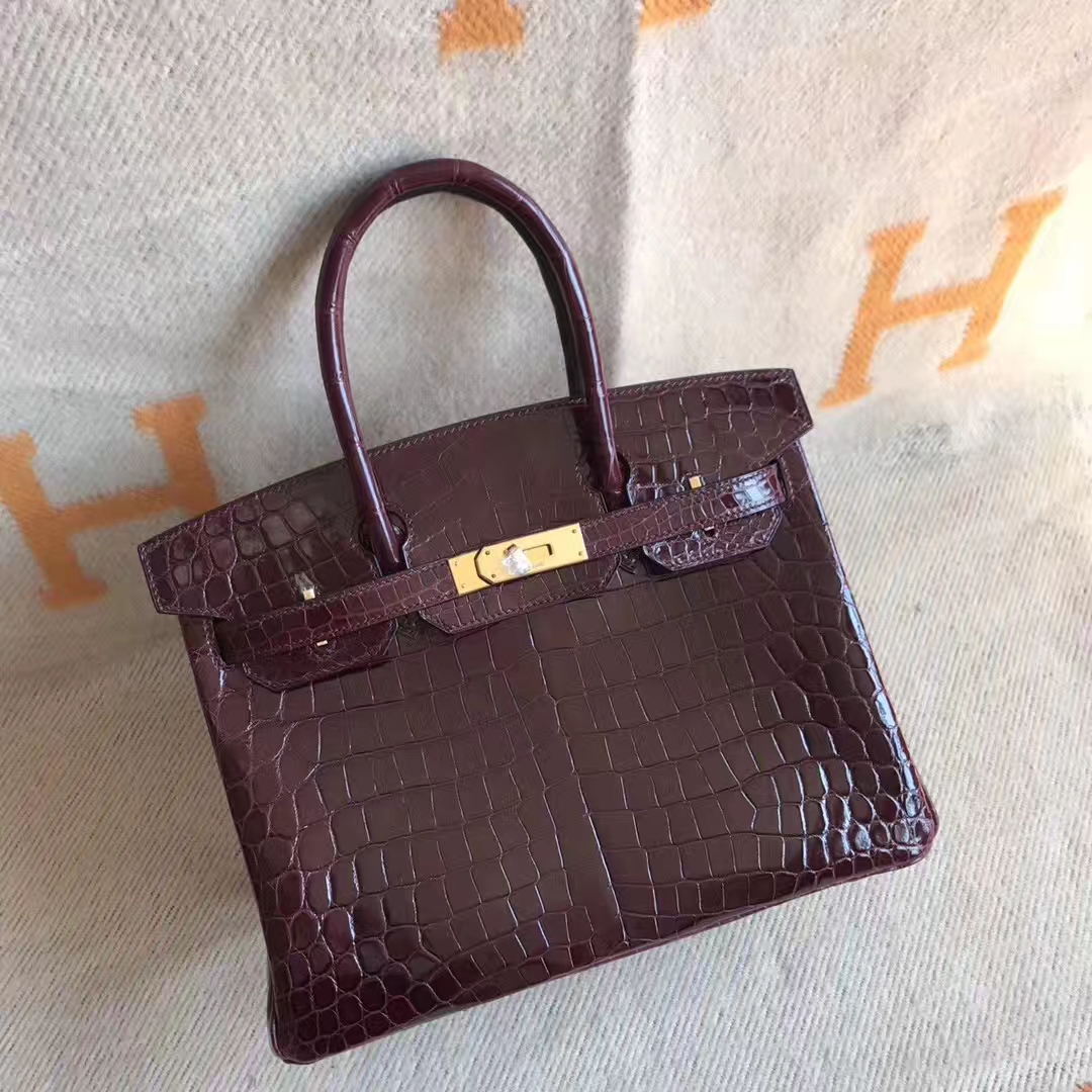 Fashion Hermes Birkin30CM Handbag in CK57 Bordeaux Red Crocodile Shiny Leather