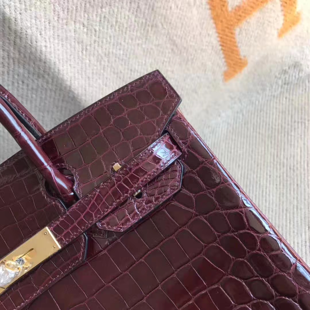 Fashion Hermes Birkin30CM Handbag in CK57 Bordeaux Red Crocodile Shiny Leather