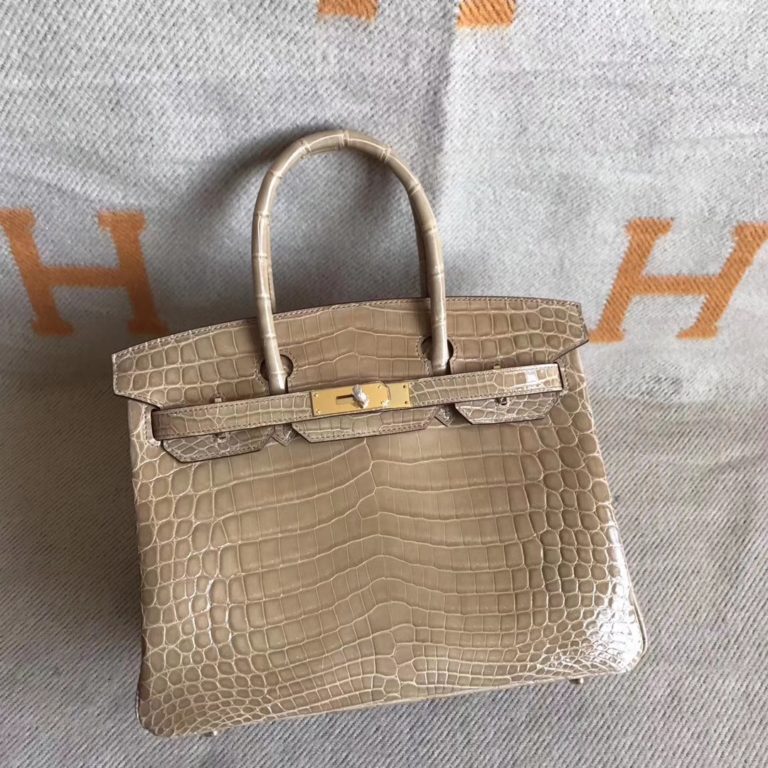 Hermes Milk Tea Color Shiny Crocodile Leather Birkin 30cm Bag