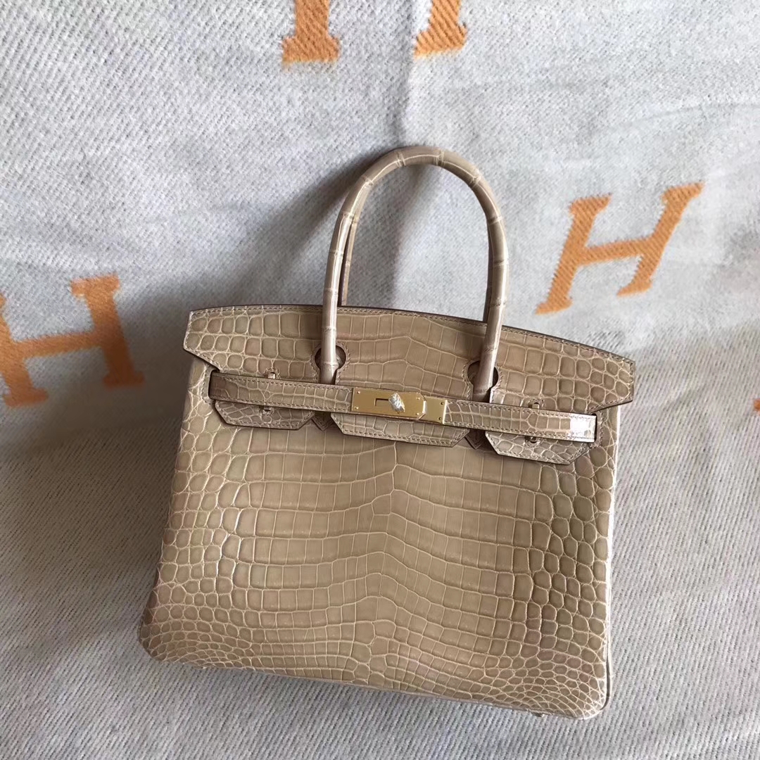 Sale Hermes Milk Tea Color Shiny Crocodile Leather Birkin30cm Bag
