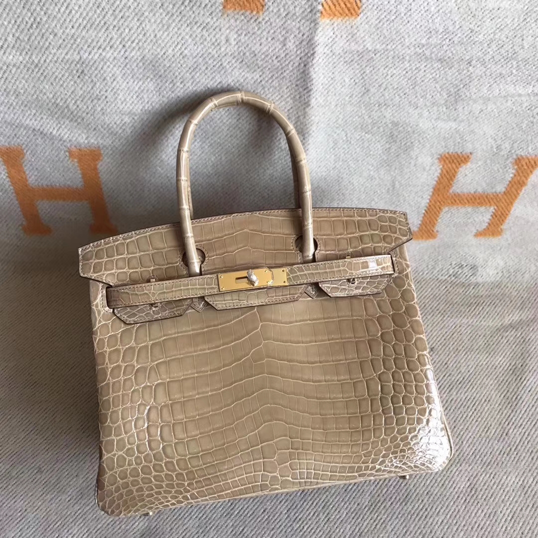 Sale Hermes Milk Tea Color Shiny Crocodile Leather Birkin30cm Bag