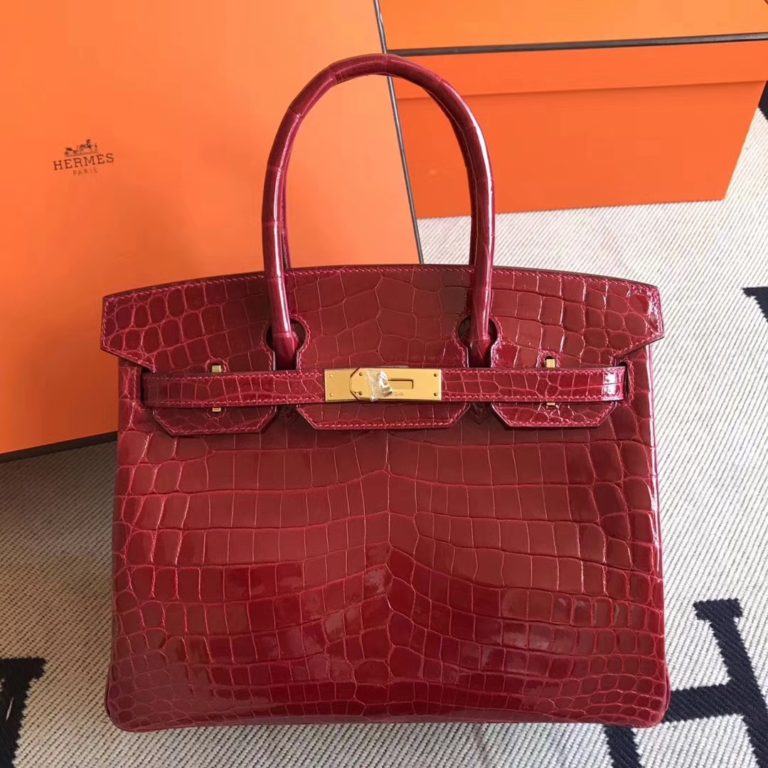 On Hermes CK55 Rouge Hermes  Shiny Crocodile Birkin Bag 30CM