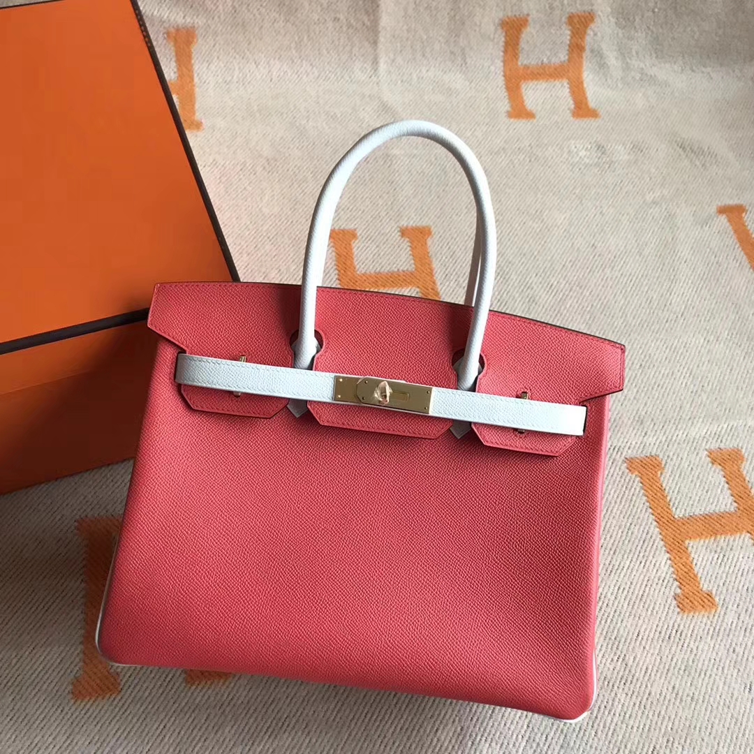 New Arrival Hermes Epsom Calfskin Birkin Bag30CM in T5 Peach Pink &#038; 01 Pure White