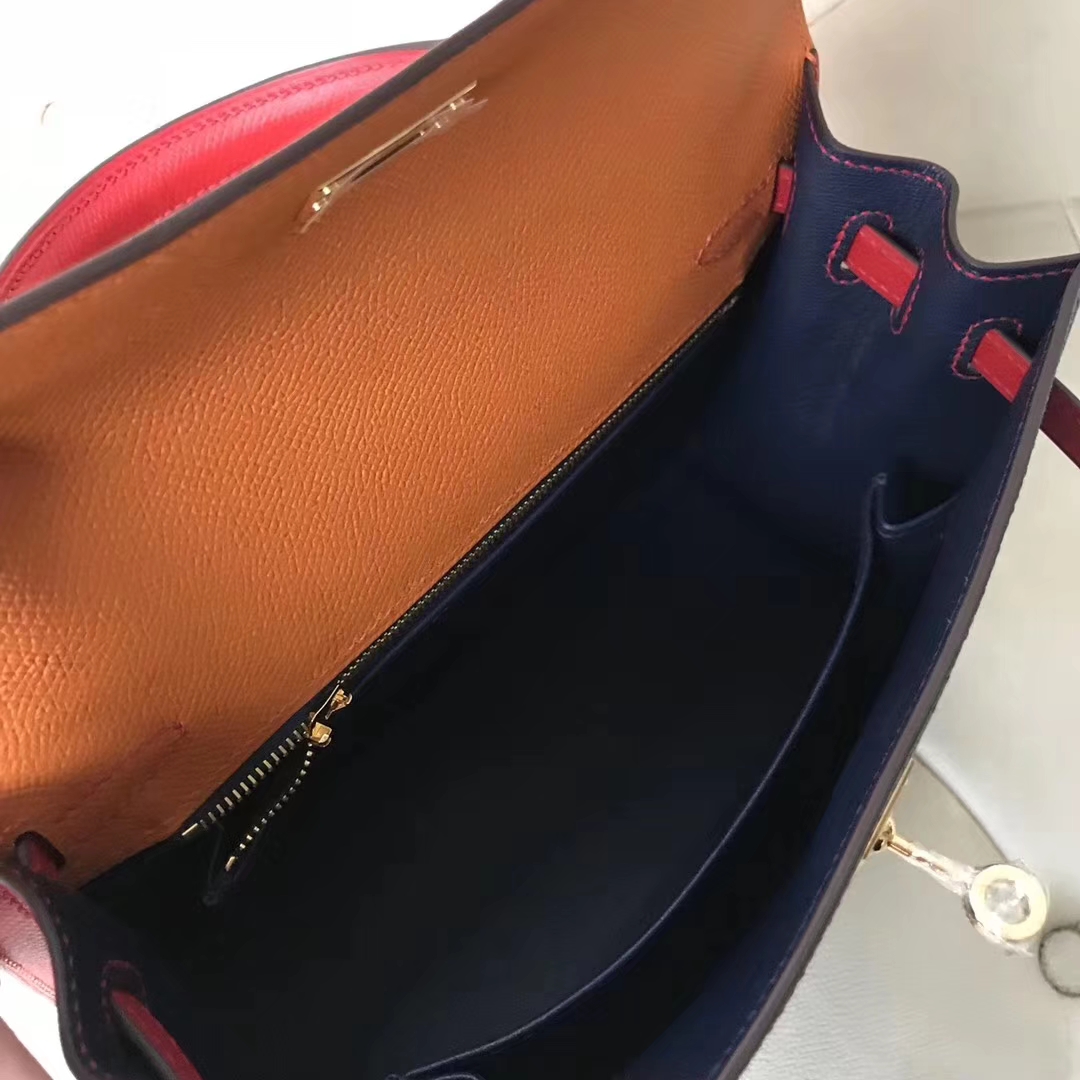 Fashion Hermes Tri-color Epsom Calf Sellier Kelly25CM Bag Gold Hardware