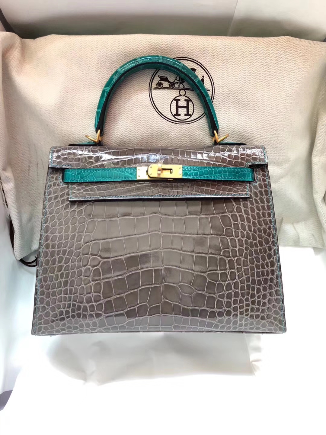 Hand Stitching Hermes Tri-color Shiny Crocodile Leather Kelly25CM Bag Gold Hardware
