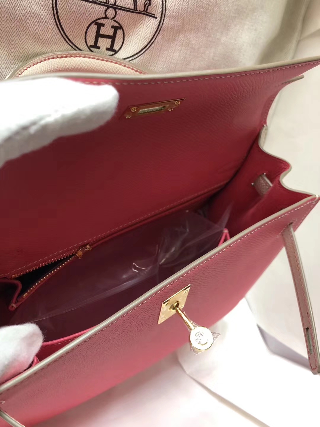 Discount Hermes Epsom Calf Kelly Bag25CM in 8W Rose Azalee/CK10 Craie White Gold Hardware