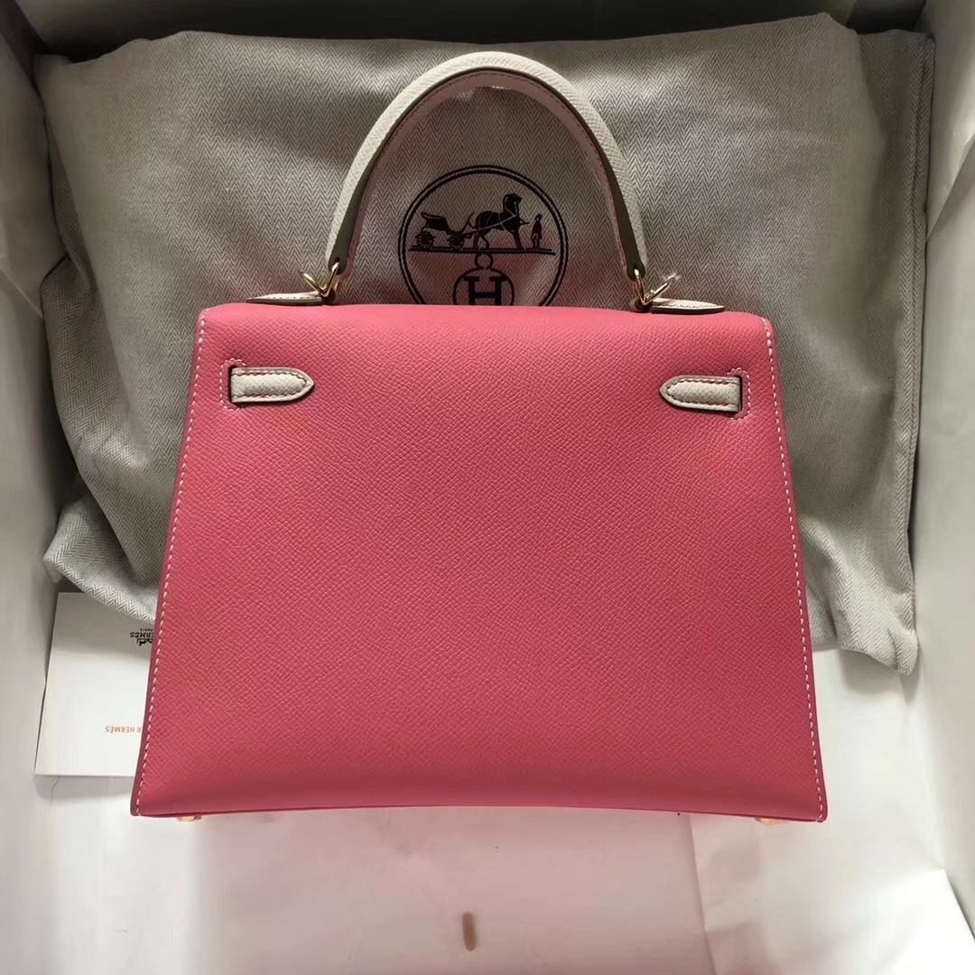 Discount Hermes Epsom Calf Kelly Bag25CM in 8W Rose Azalee/CK10 Craie White Gold Hardware