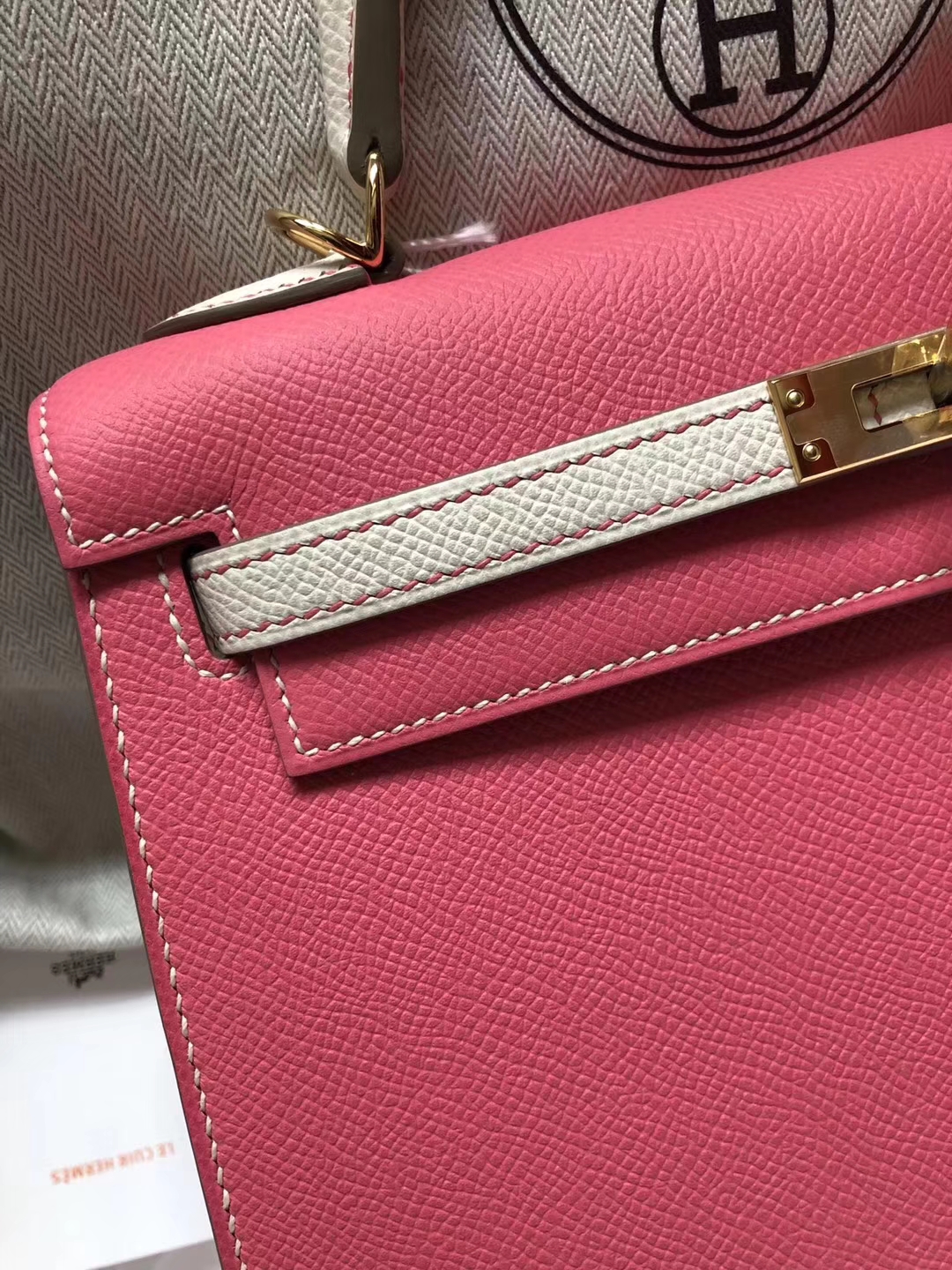 Discount Hermes Epsom Calf Kelly Bag25CM in 8W Rose Azalee/CK10 Craie White Gold Hardware