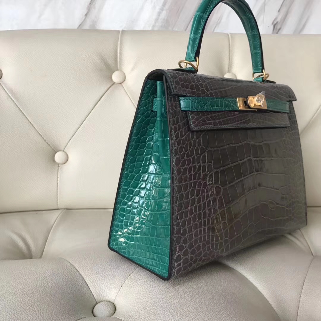 Luxury Hermes CK81 Gris Tourterelle/6Q Emerald Green Shiny Crocodile Kelly25CM Bag