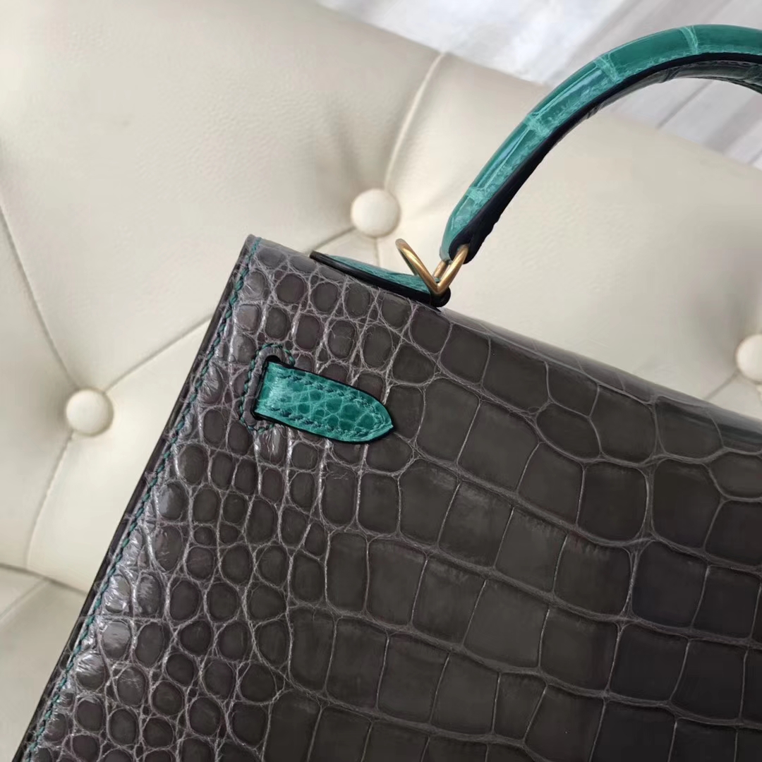 Luxury Hermes CK81 Gris Tourterelle/6Q Emerald Green Shiny Crocodile Kelly25CM Bag