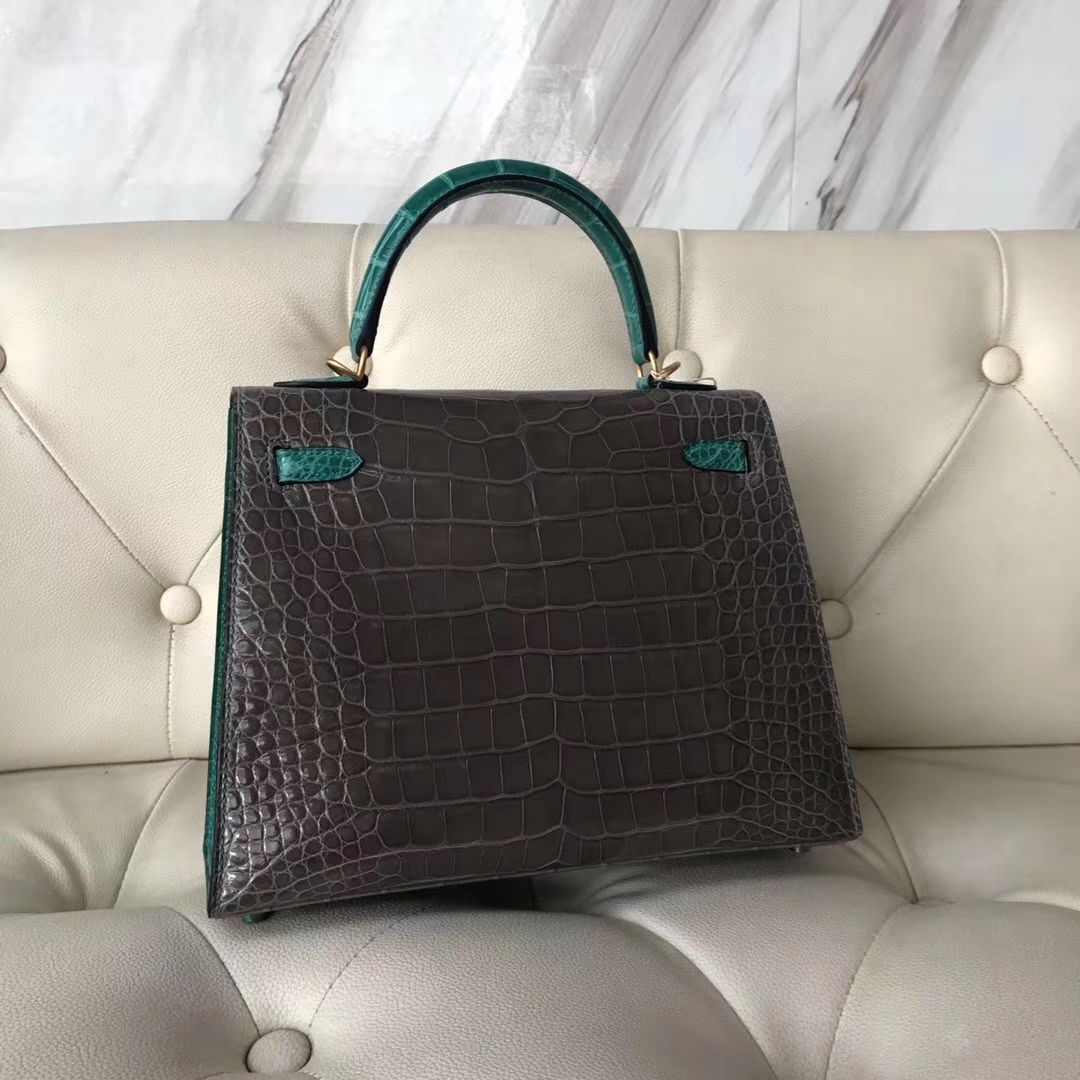 Luxury Hermes CK81 Gris Tourterelle/6Q Emerald Green Shiny Crocodile Kelly25CM Bag
