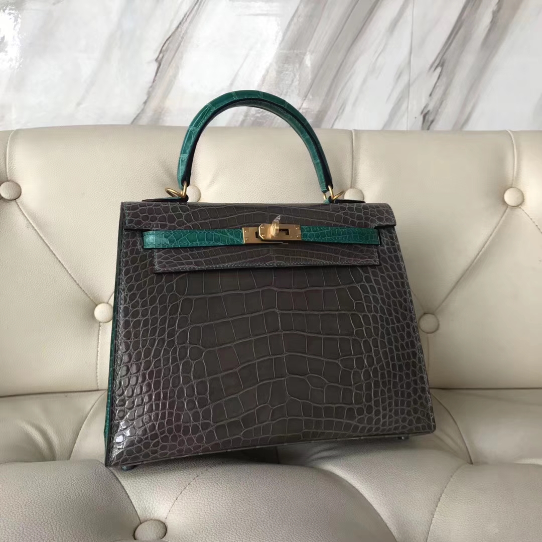 Luxury Hermes CK81 Gris Tourterelle/6Q Emerald Green Shiny Crocodile Kelly25CM Bag