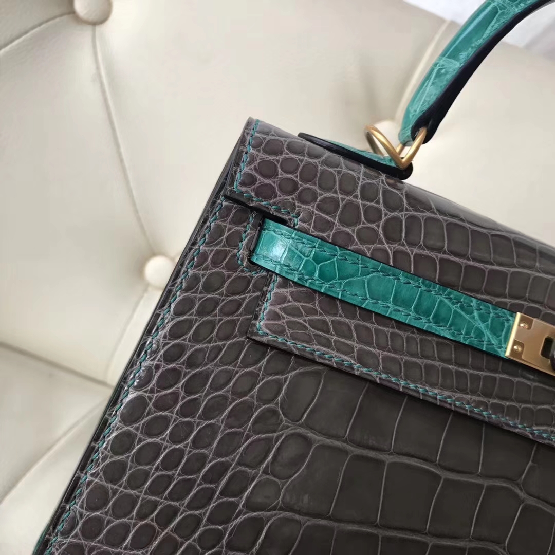 Luxury Hermes CK81 Gris Tourterelle/6Q Emerald Green Shiny Crocodile Kelly25CM Bag