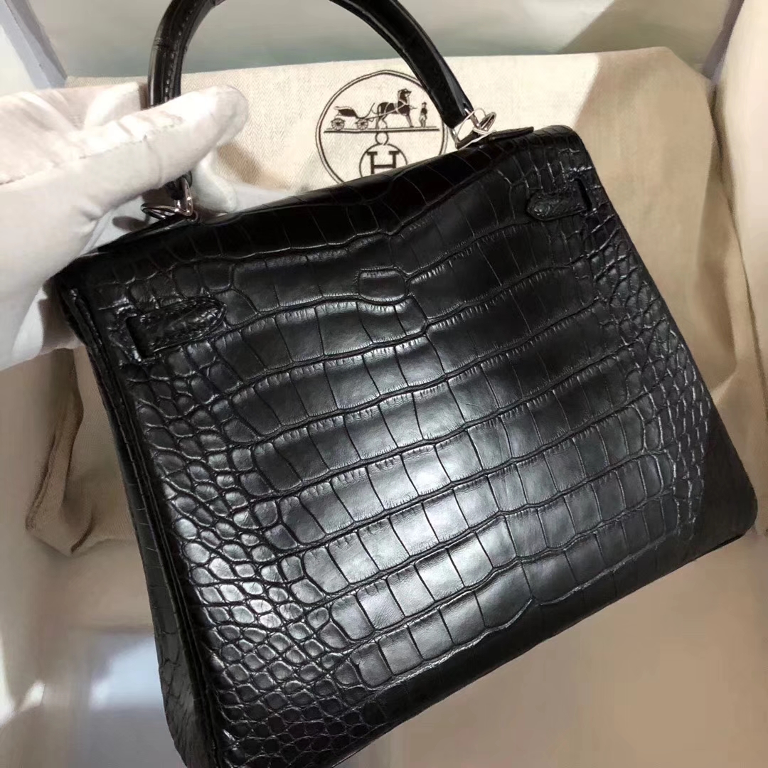 Elegant Hermes CK89 Black Matt Crocodile Leather Kelly Bag25CM Silver Hardware