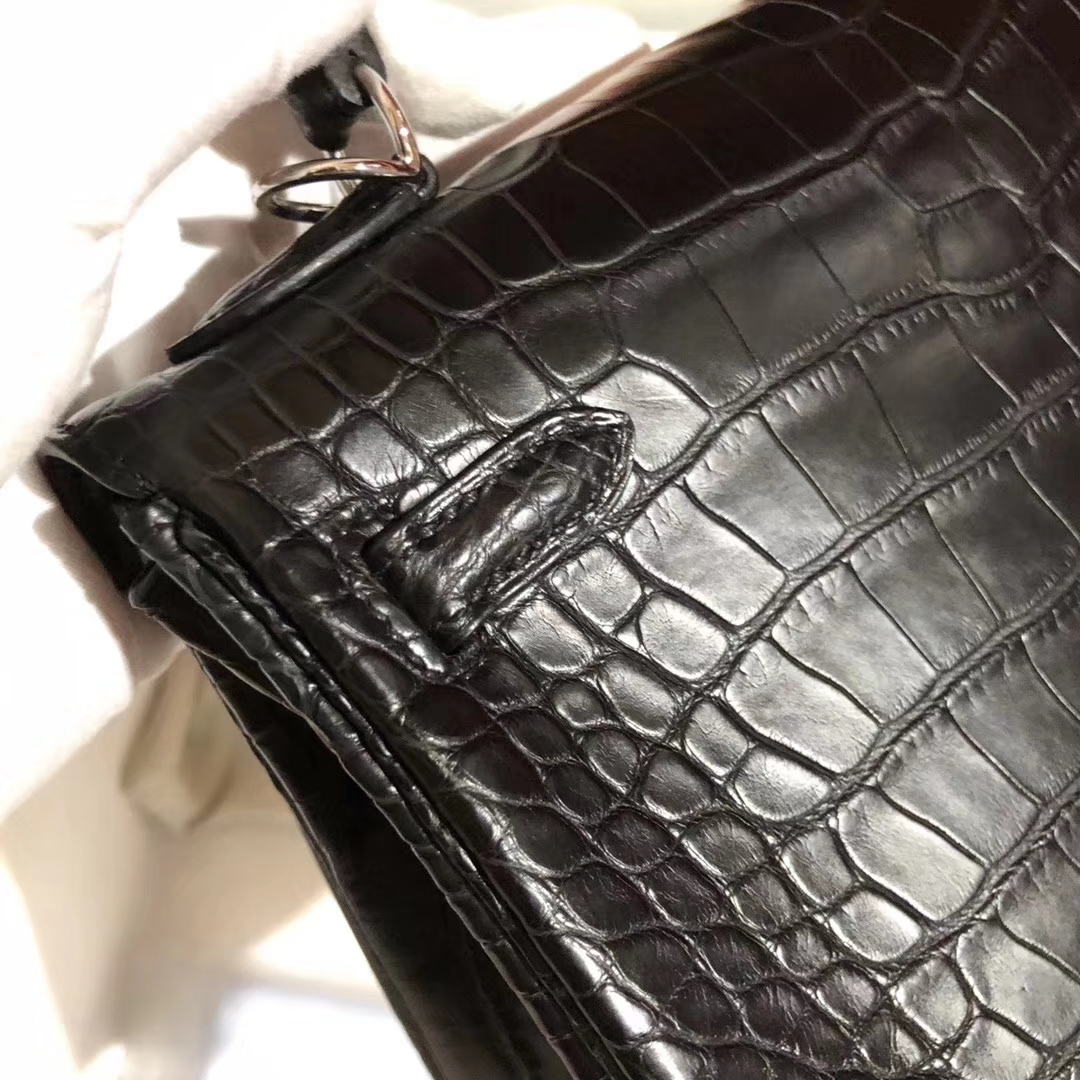 Elegant Hermes CK89 Black Matt Crocodile Leather Kelly Bag25CM Silver Hardware