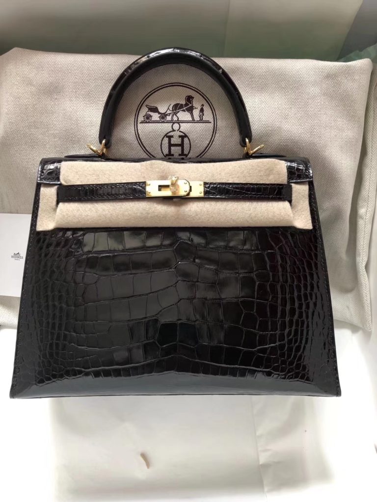 Hermes CK89 Black Shiny Crocodile Leather Kelly Bag 25CM Gold Hardware