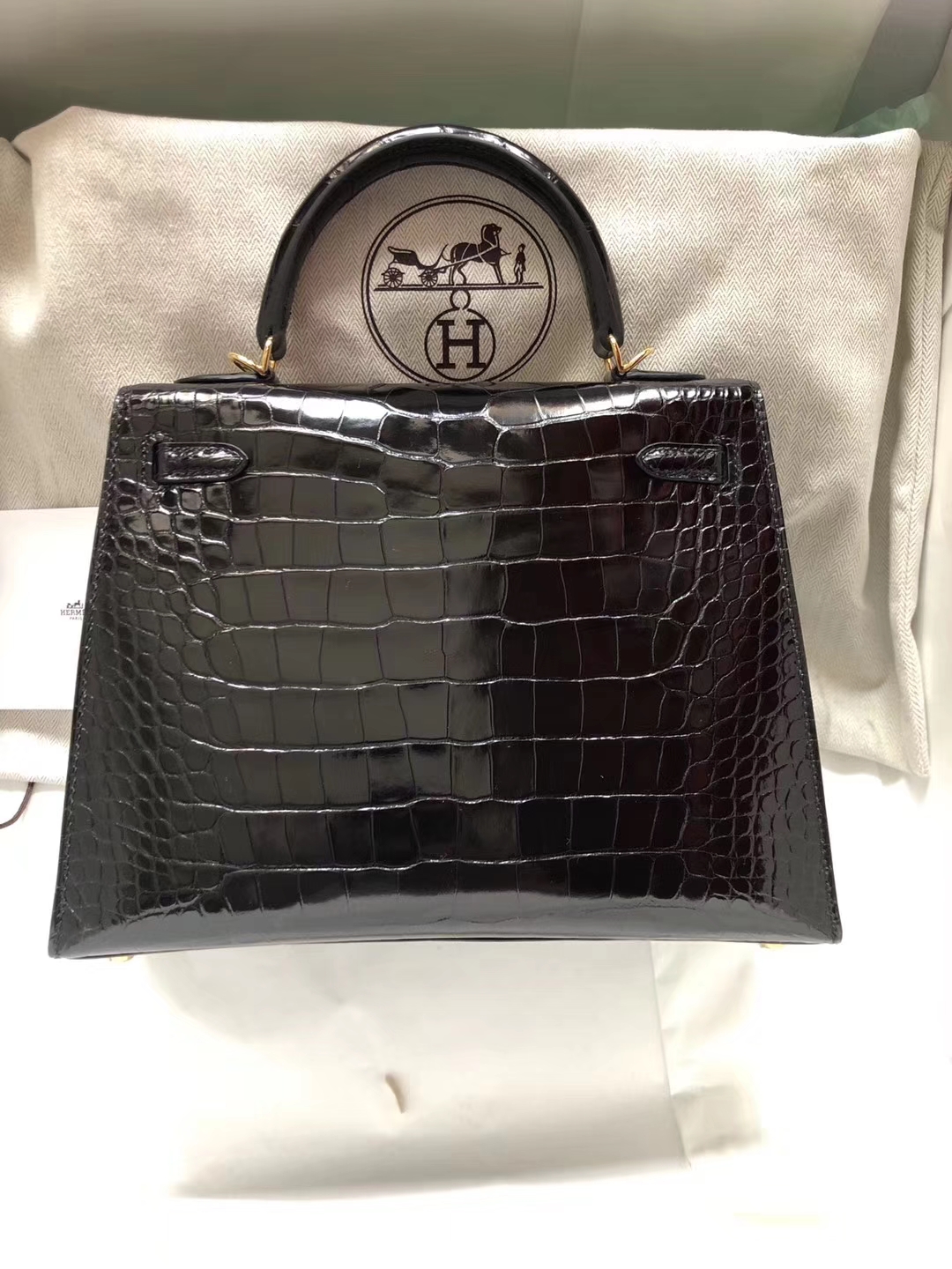 Luxury Hermes CK89 Black Shiny Crocodile Leather Kelly Bag25CM Gold Hardware