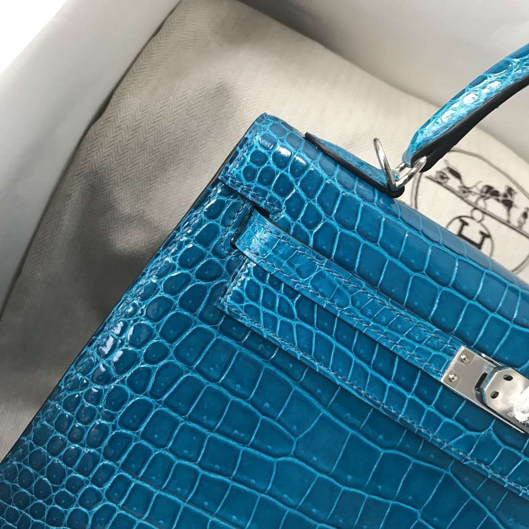 Discount Hermes 7W Blue Izmir Shiny Crocodile Kelly25CM Bag Silver Hardware