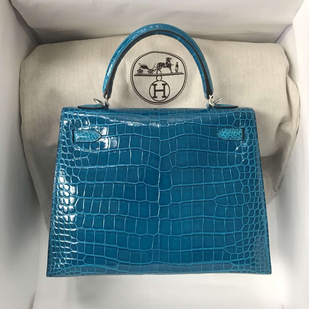Discount Hermes 7W Blue Izmir Shiny Crocodile Kelly25CM Bag Silver Hardware